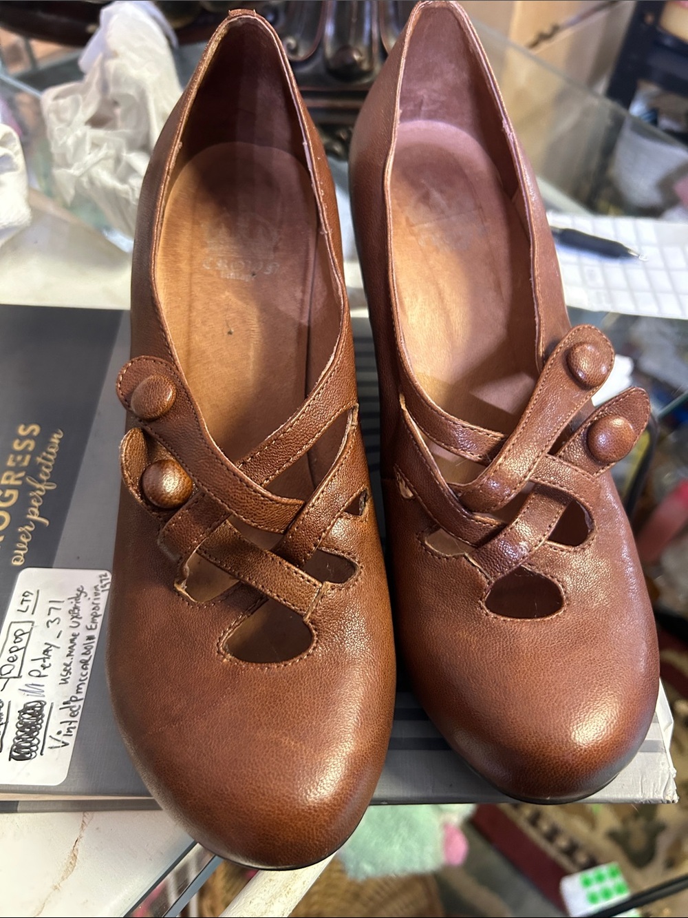 Crown Vintage Brown Leather Mary Jane Flats with Button Straps